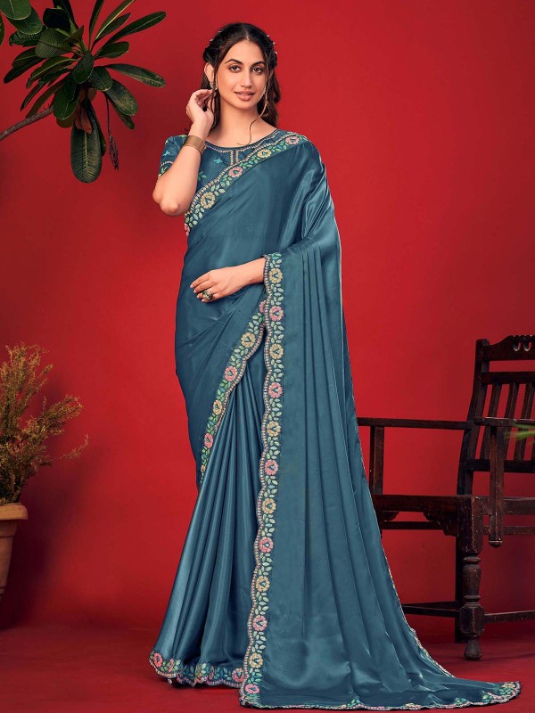 Teal Blue Blooming Satin Saree With Readymade Blouse